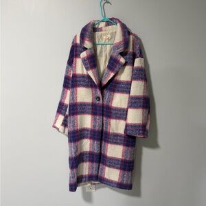 A Peach Plaid Pea Coat in Pink and Blue